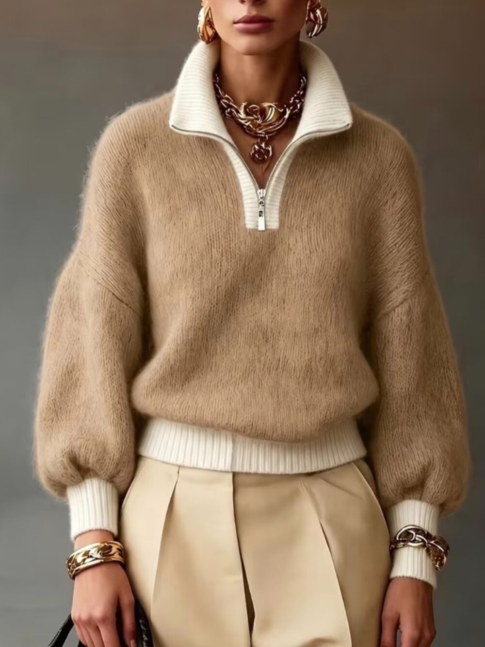 Women's Fall Winter Half-Zip Sweater with Collar & Puff Sleeves - Soft Fuzzy